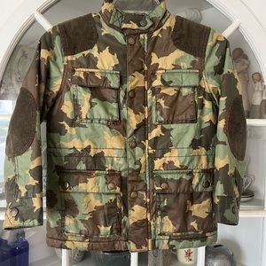 Mini Boden Kids Camo jacket with courdoroy patches, flannel lining.